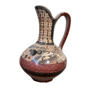 Vintage Solis Tonala Mexico Hand Painted Pitcher Water Doves Flowers Artist Sign